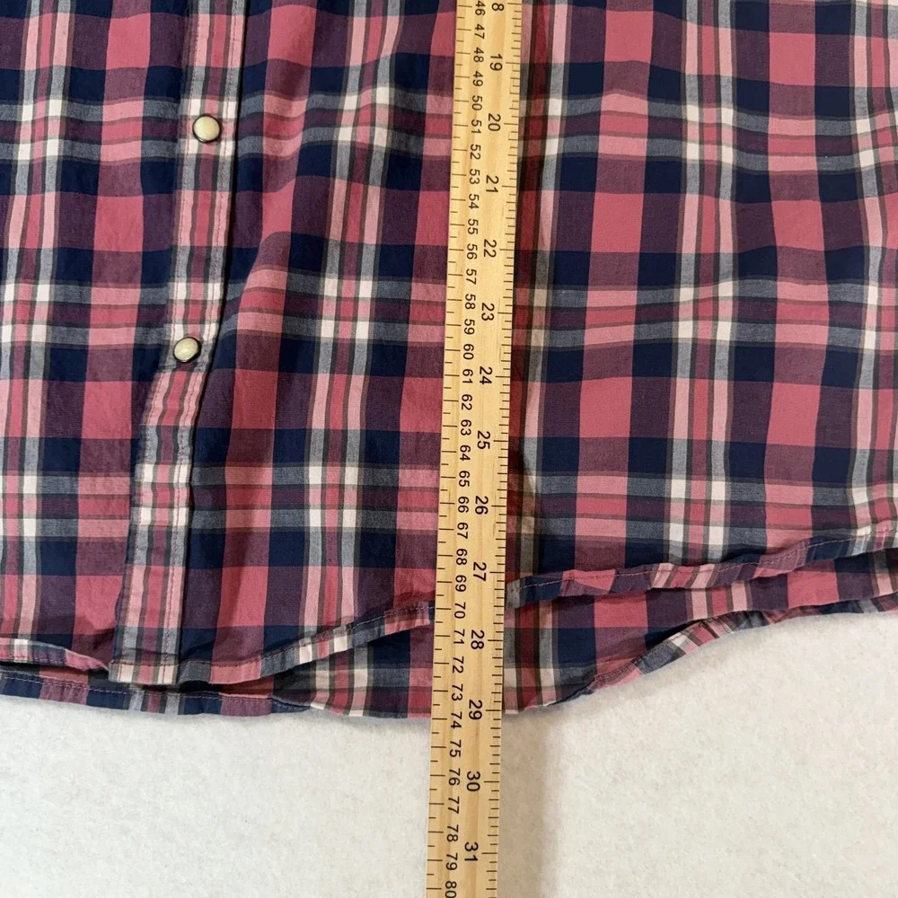 Lucky Brand Mens XXL Pink Navy Plaid Short Sleeve Pearl Snap‎ Western Shirt Y2K